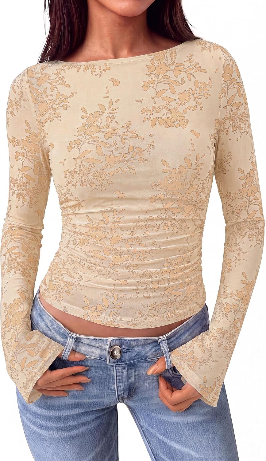 image:imagePRETTYGARDEN Womens Bell Sleeve Floral Mesh Crop TopsBeige