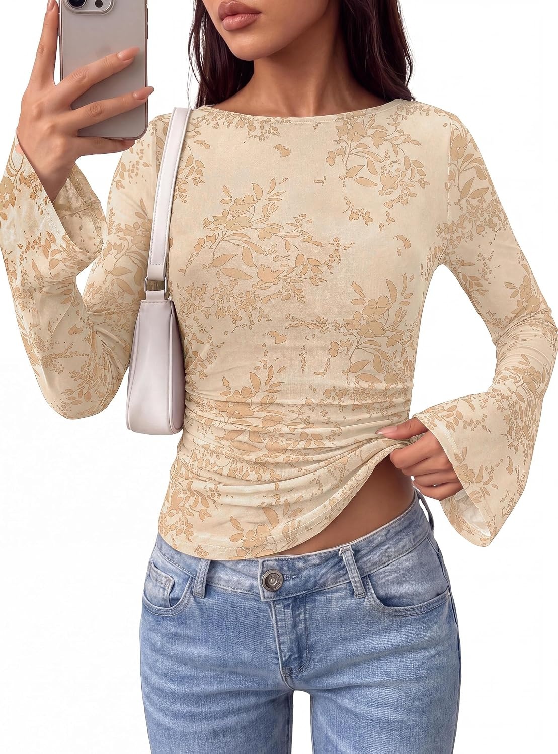 image:imagePRETTYGARDEN Womens Bell Sleeve Floral Mesh Crop TopsBeige