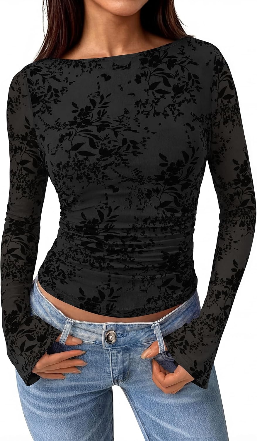 image:imagePRETTYGARDEN Womens Bell Sleeve Floral Mesh Crop TopsBlack
