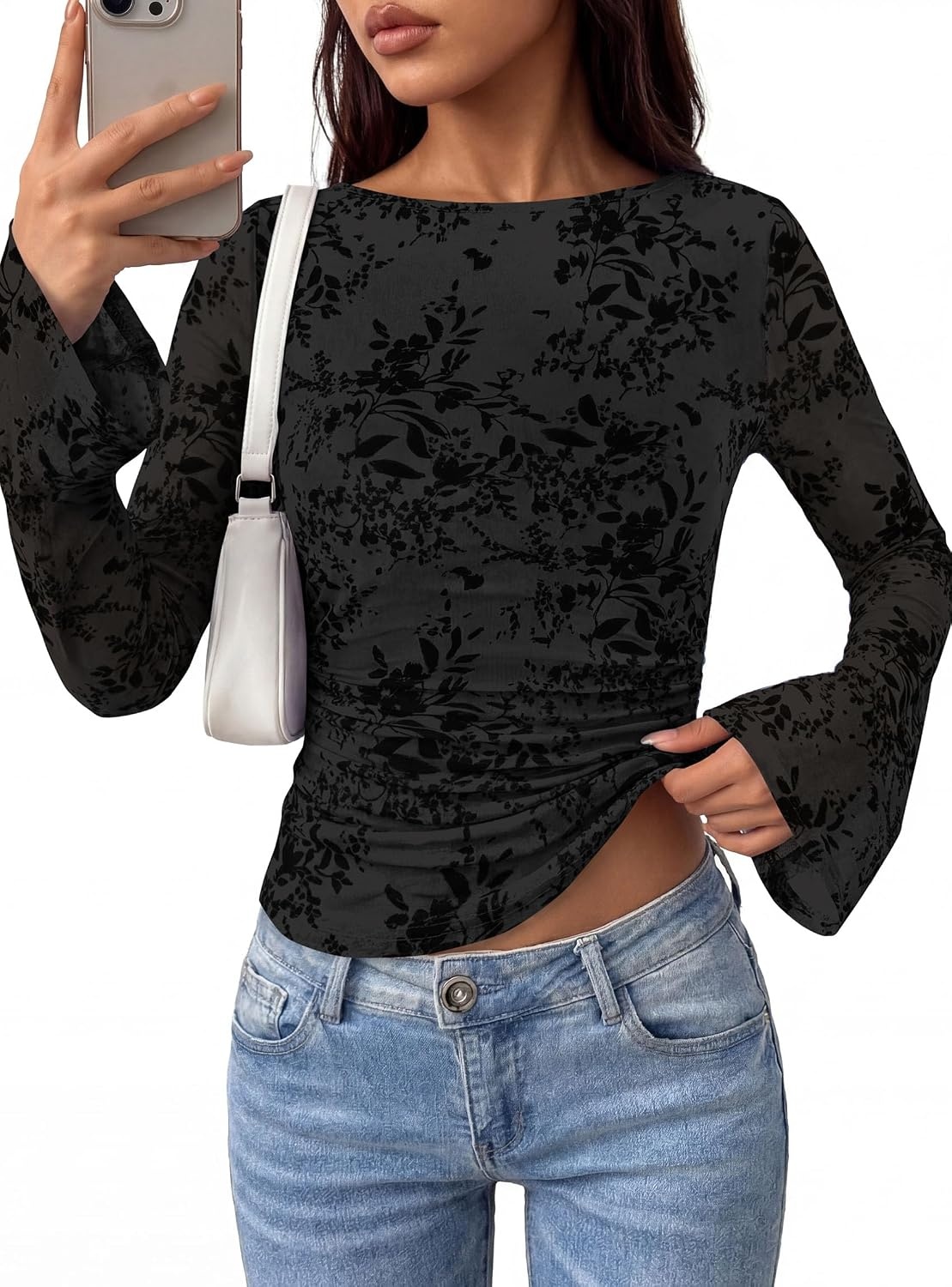 image:imagePRETTYGARDEN Womens Bell Sleeve Floral Mesh Crop TopsBlack