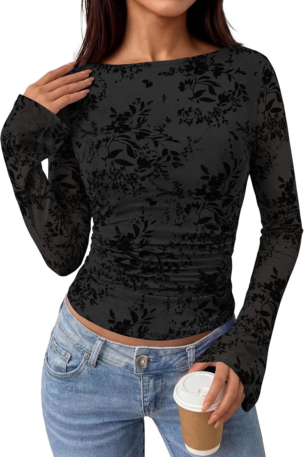 image:imagePRETTYGARDEN Womens Bell Sleeve Floral Mesh Crop TopsBlack