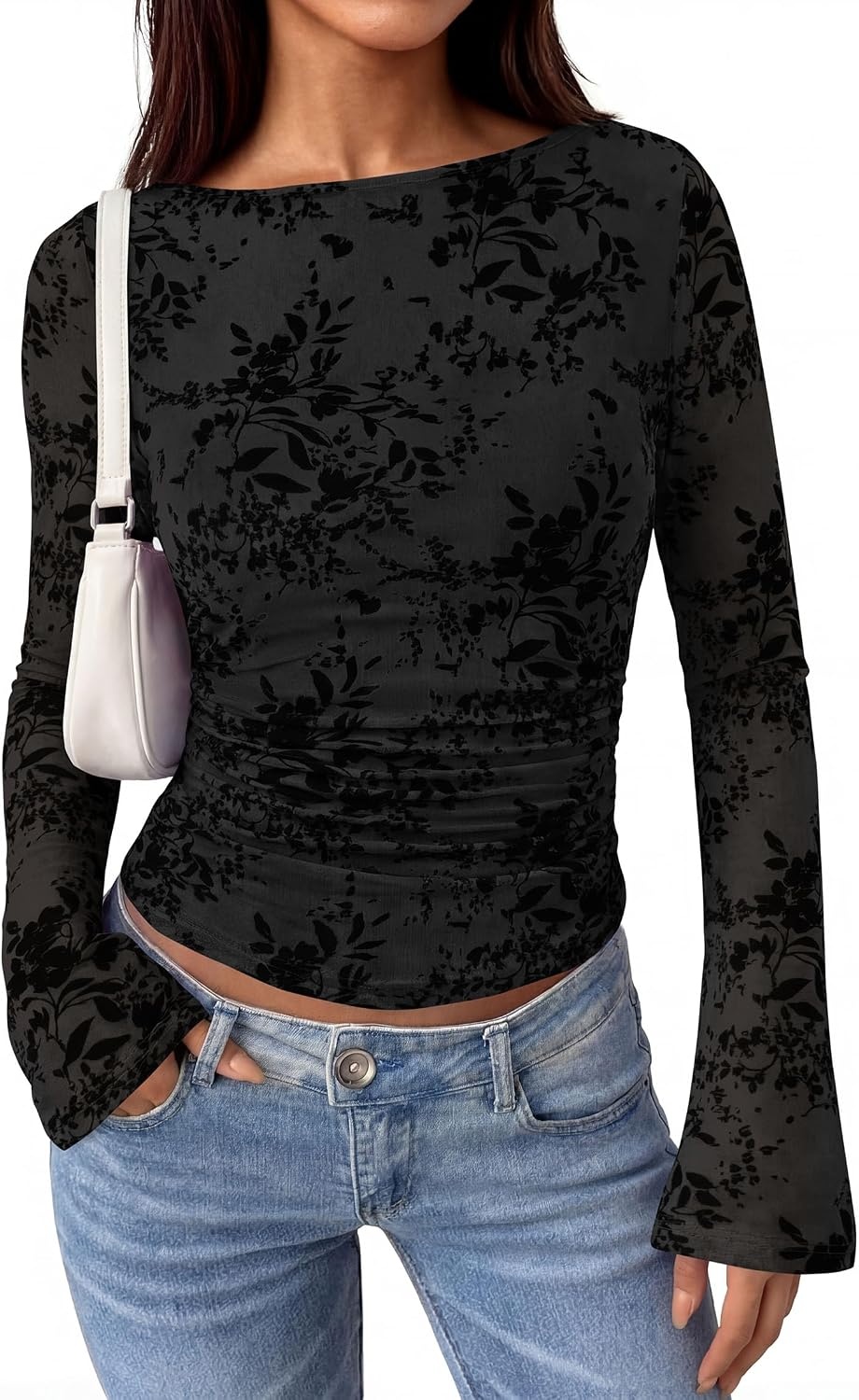 image:imagePRETTYGARDEN Womens Bell Sleeve Floral Mesh Crop TopsBlack
