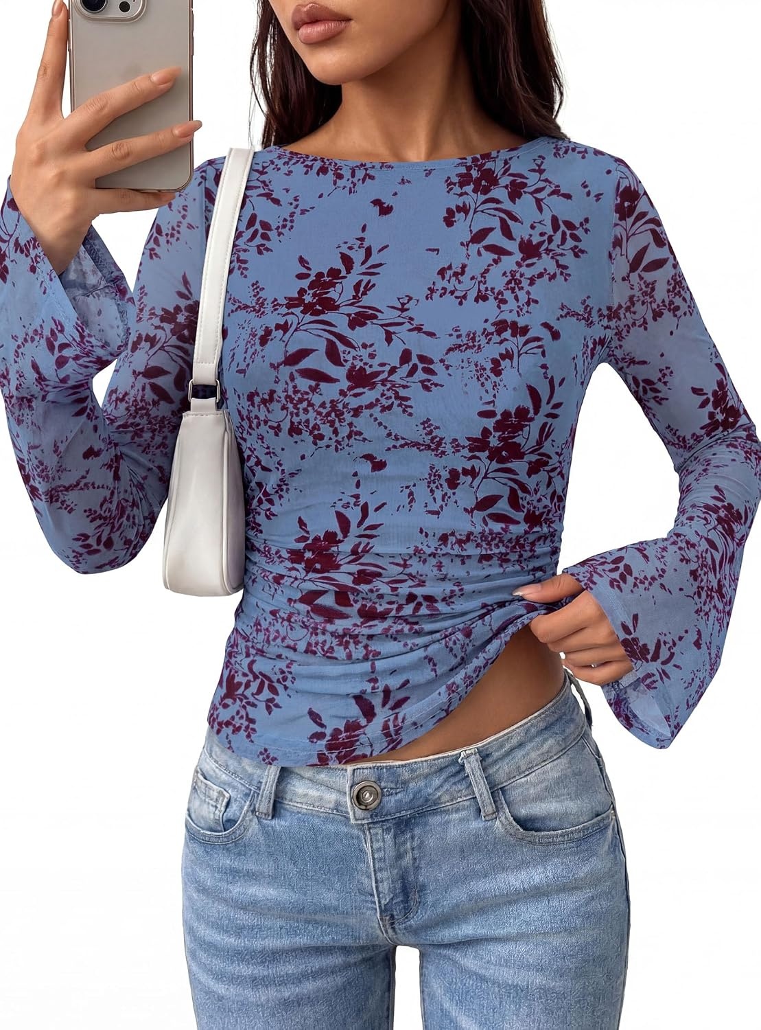 image:imagePRETTYGARDEN Womens Bell Sleeve Floral Mesh Crop TopsBlue Red Floral