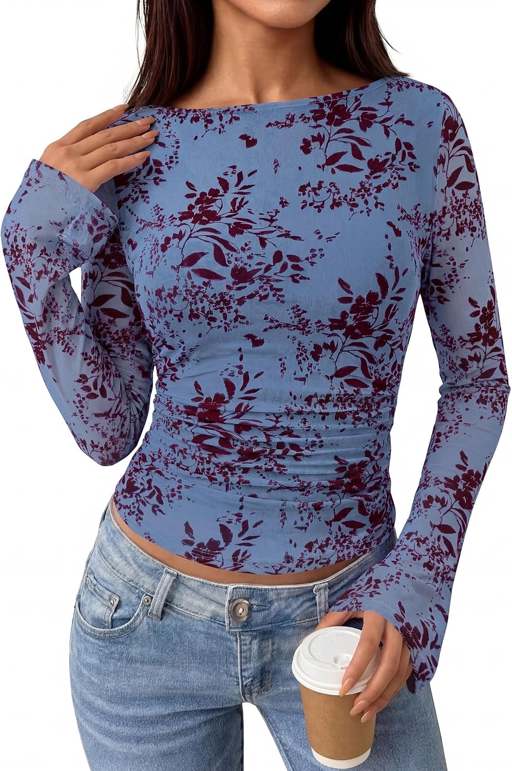 image:imagePRETTYGARDEN Womens Bell Sleeve Floral Mesh Crop TopsBlue Red Floral