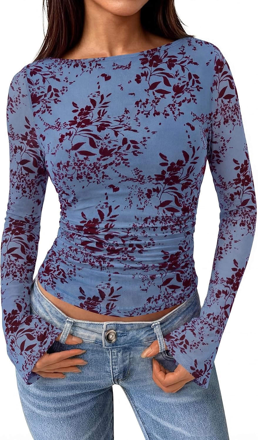 image:imagePRETTYGARDEN Womens Bell Sleeve Floral Mesh Crop TopsBlue Red Floral