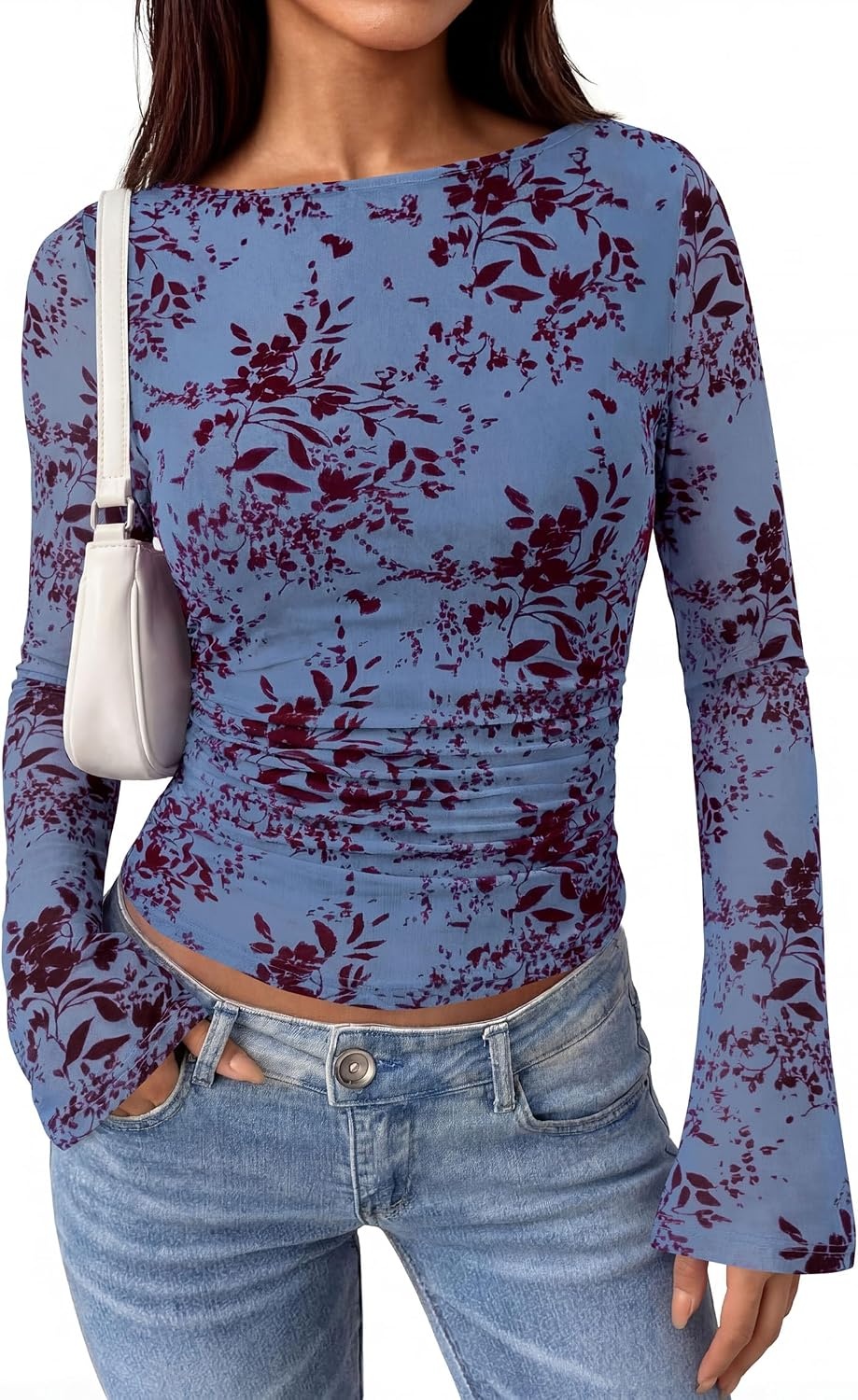 image:imagePRETTYGARDEN Womens Bell Sleeve Floral Mesh Crop TopsBlue Red Floral