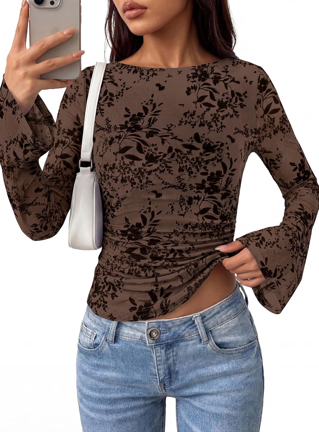 image:imagePRETTYGARDEN Womens Bell Sleeve Floral Mesh Crop TopsBrown