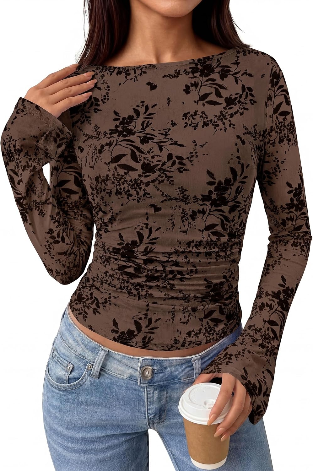 image:imagePRETTYGARDEN Womens Bell Sleeve Floral Mesh Crop TopsBrown
