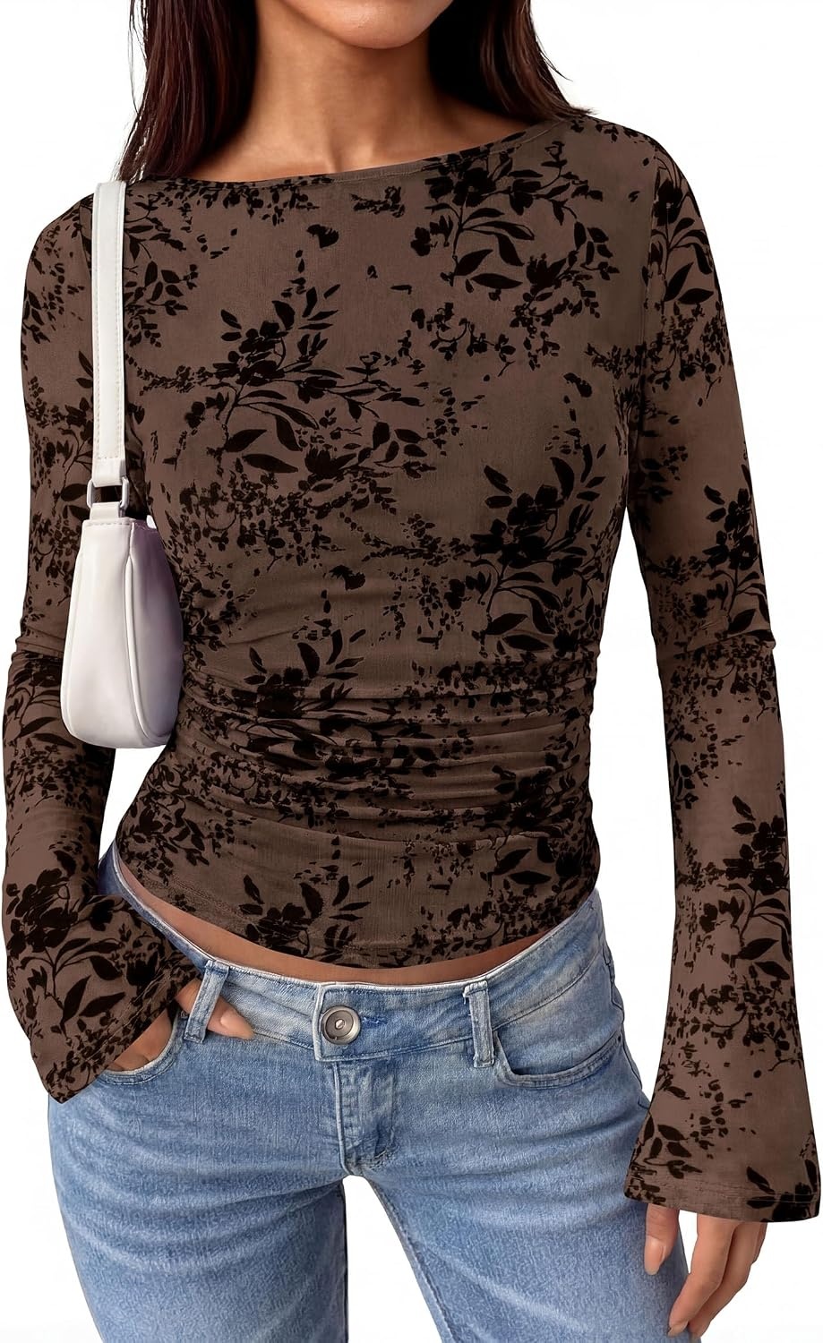 image:imagePRETTYGARDEN Womens Bell Sleeve Floral Mesh Crop TopsBrown