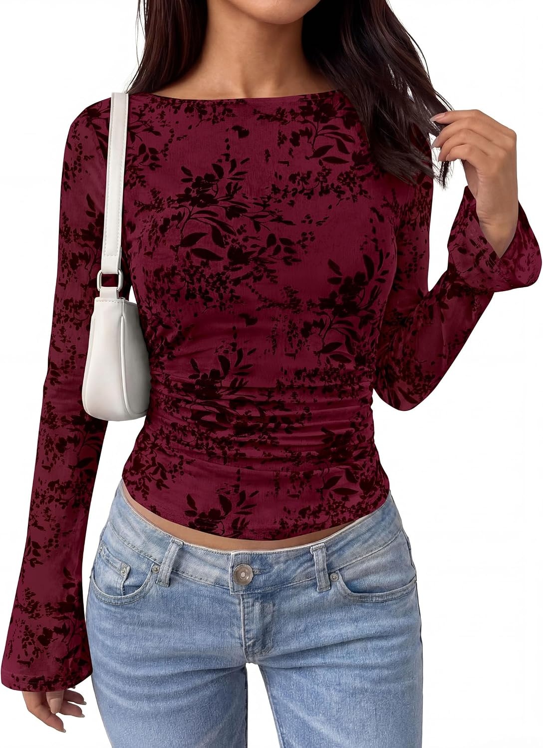 image:imagePRETTYGARDEN Womens Bell Sleeve Floral Mesh Crop TopsBurgundy