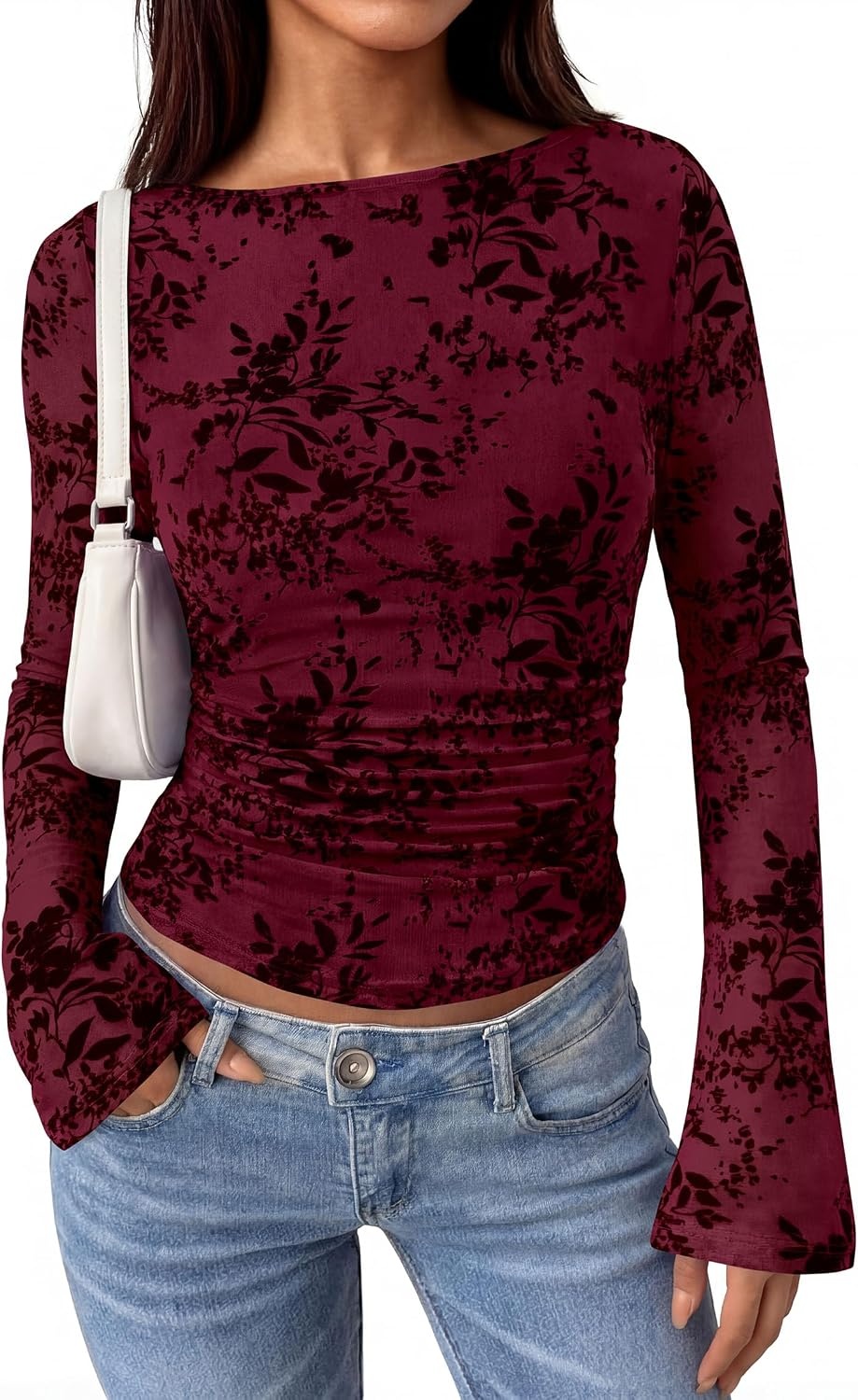 image:imagePRETTYGARDEN Womens Bell Sleeve Floral Mesh Crop TopsBurgundy