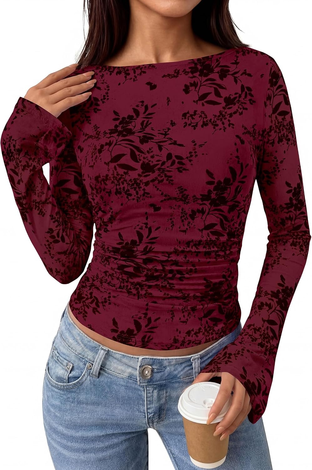 image:imagePRETTYGARDEN Womens Bell Sleeve Floral Mesh Crop TopsBurgundy