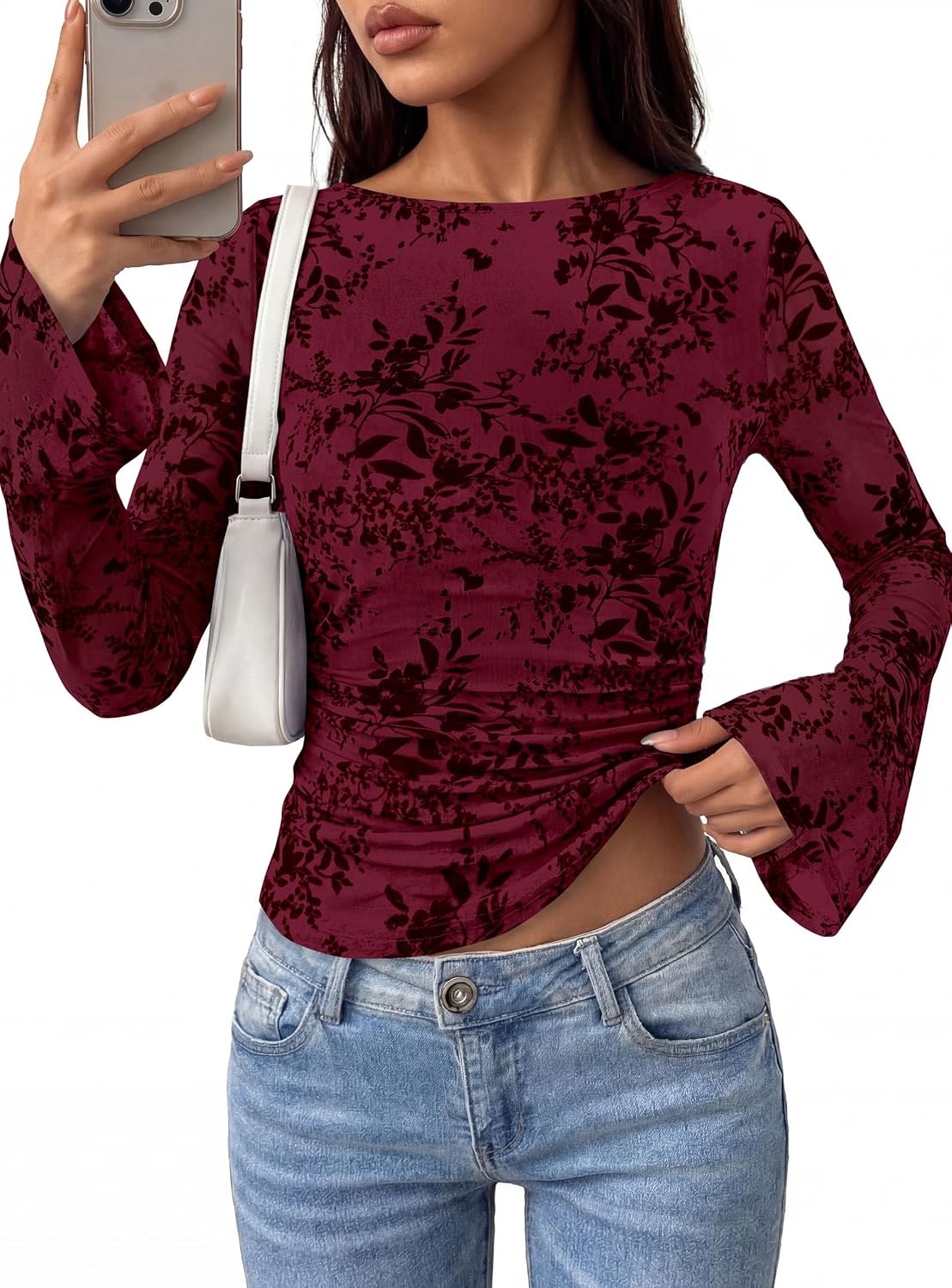image:imagePRETTYGARDEN Womens Bell Sleeve Floral Mesh Crop TopsBurgundy