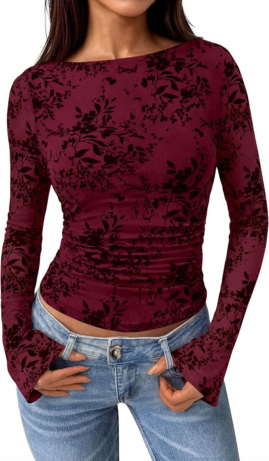 image:imagePRETTYGARDEN Womens Bell Sleeve Floral Mesh Crop TopsBurgundy