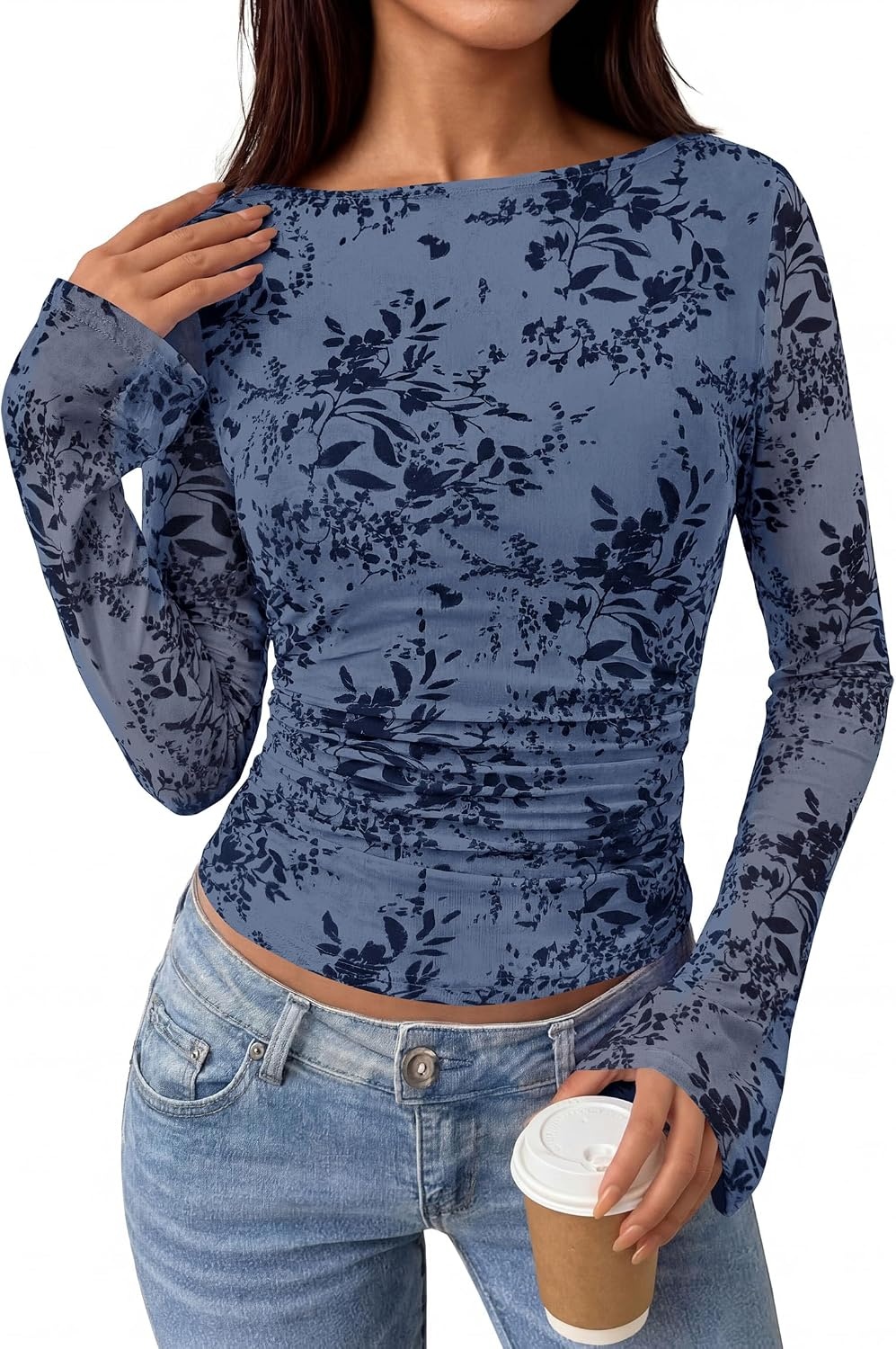 image:imagePRETTYGARDEN Womens Bell Sleeve Floral Mesh Crop TopsDusty Blue