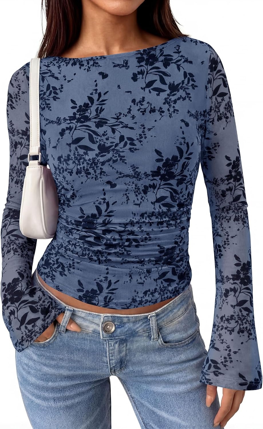 image:imagePRETTYGARDEN Womens Bell Sleeve Floral Mesh Crop TopsDusty Blue