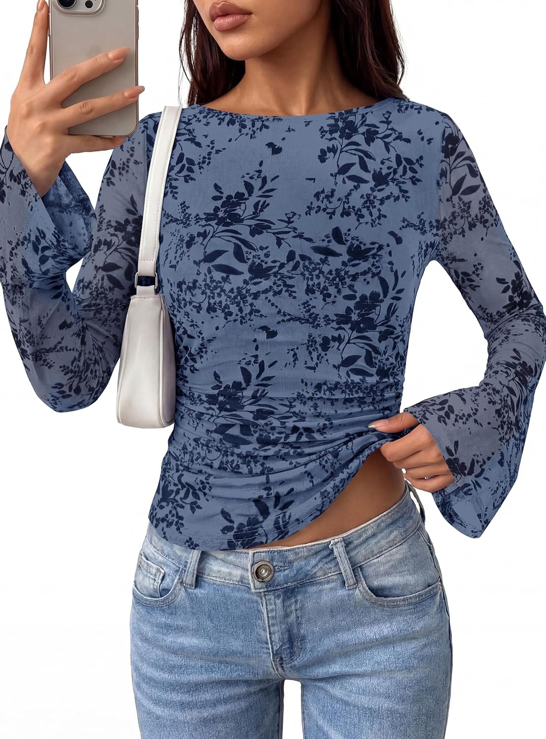 image:imagePRETTYGARDEN Womens Bell Sleeve Floral Mesh Crop TopsDusty Blue