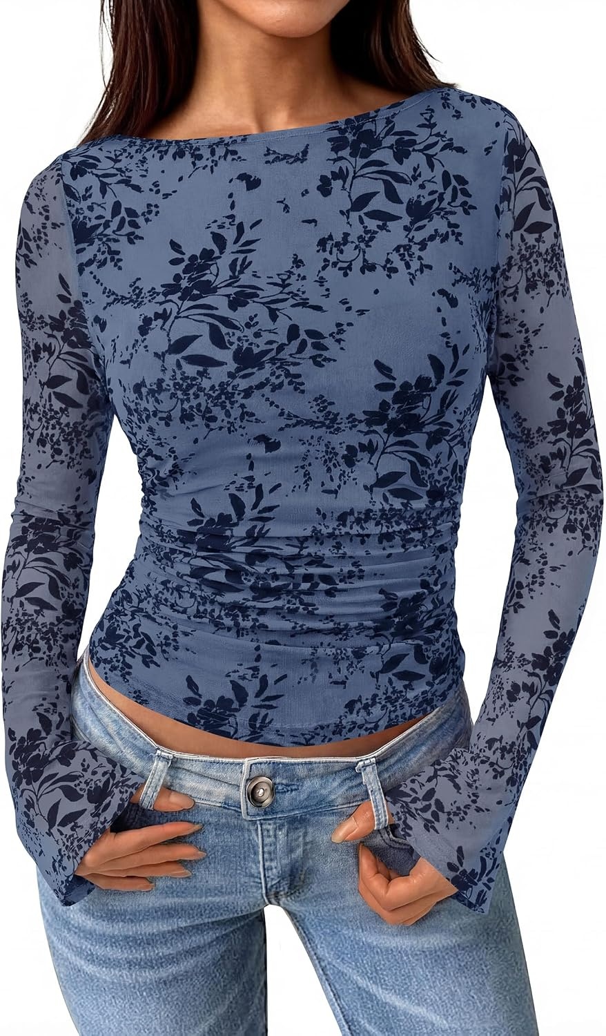 image:imagePRETTYGARDEN Womens Bell Sleeve Floral Mesh Crop TopsDusty Blue