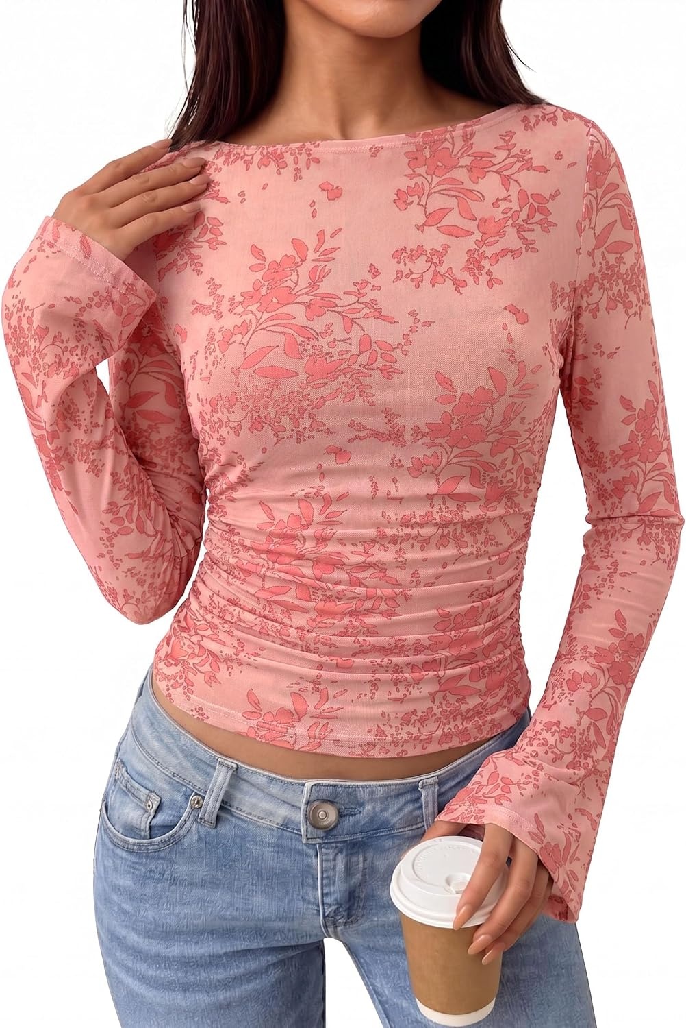 image:imagePRETTYGARDEN Womens Bell Sleeve Floral Mesh Crop TopsPink