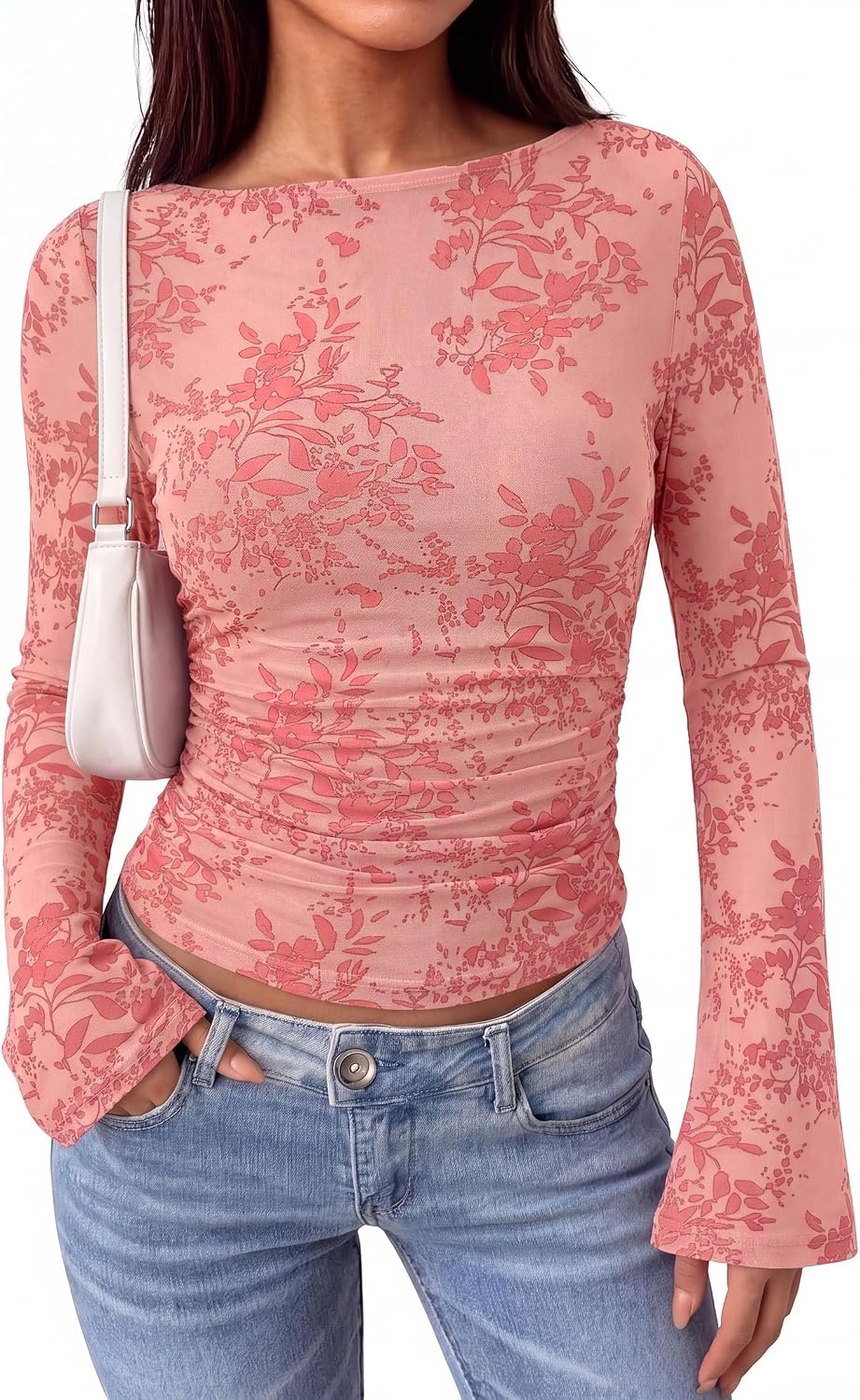 image:imagePRETTYGARDEN Womens Bell Sleeve Floral Mesh Crop TopsPink