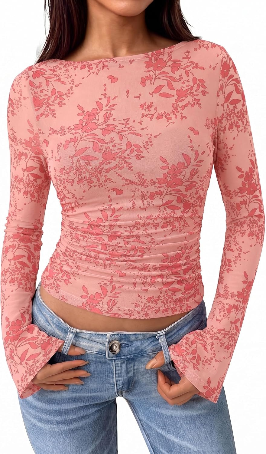 image:imagePRETTYGARDEN Womens Bell Sleeve Floral Mesh Crop TopsPink