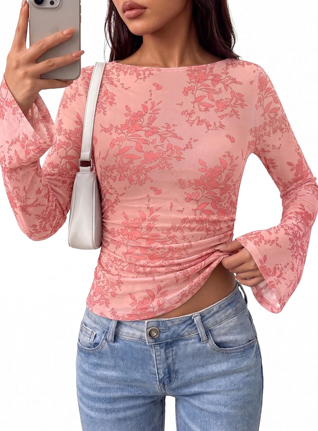 image:imagePRETTYGARDEN Womens Bell Sleeve Floral Mesh Crop TopsPink