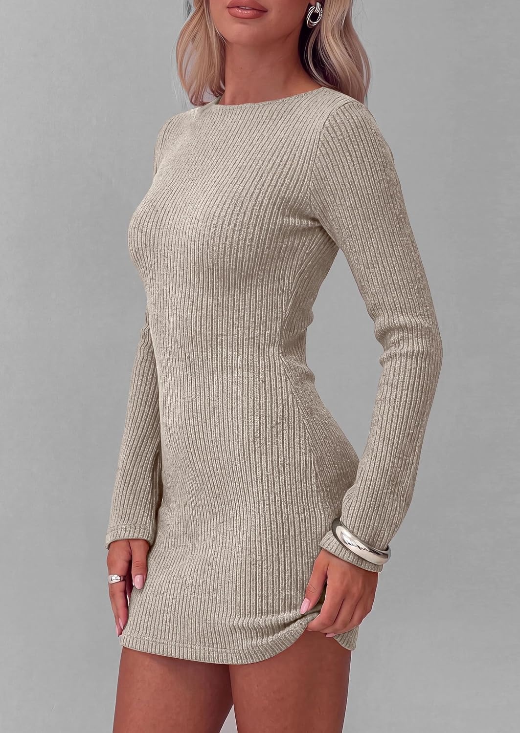 image:imagePRETTYGARDEN Womens Boat Neck Bell Long Sleeve Mini DressApricot