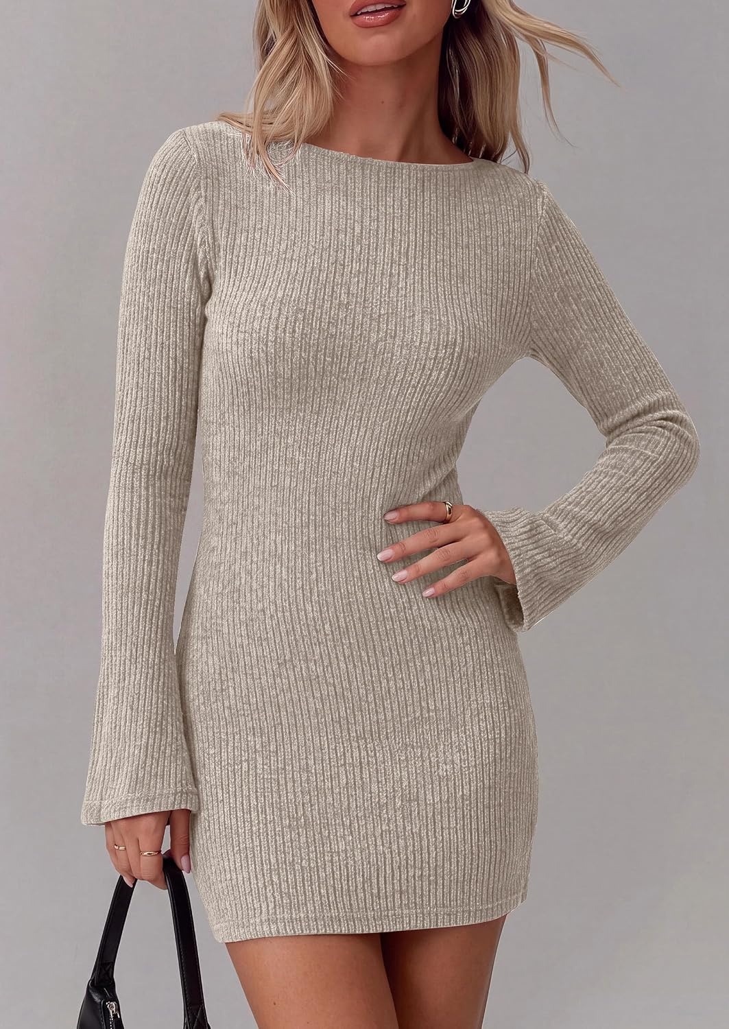 image:imagePRETTYGARDEN Womens Boat Neck Bell Long Sleeve Mini DressApricot