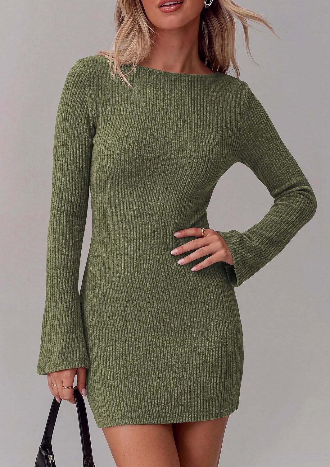 image:imagePRETTYGARDEN Womens Boat Neck Bell Long Sleeve Mini DressArmy Green