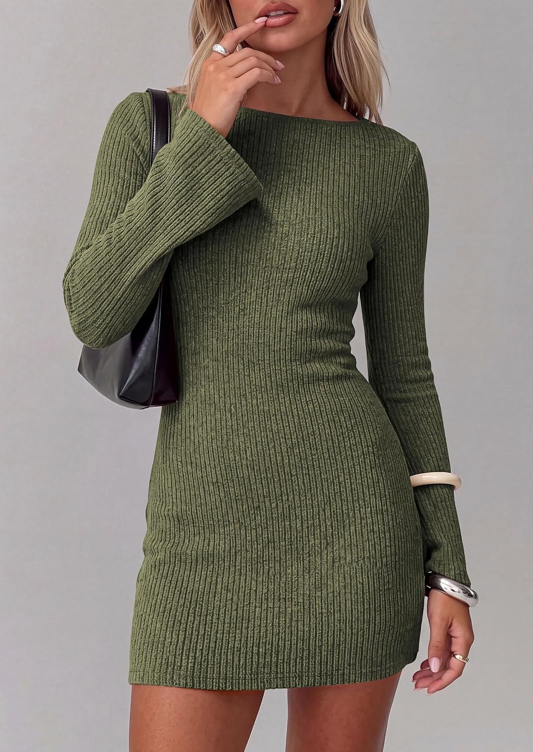 image:imagePRETTYGARDEN Womens Boat Neck Bell Long Sleeve Mini DressArmy Green