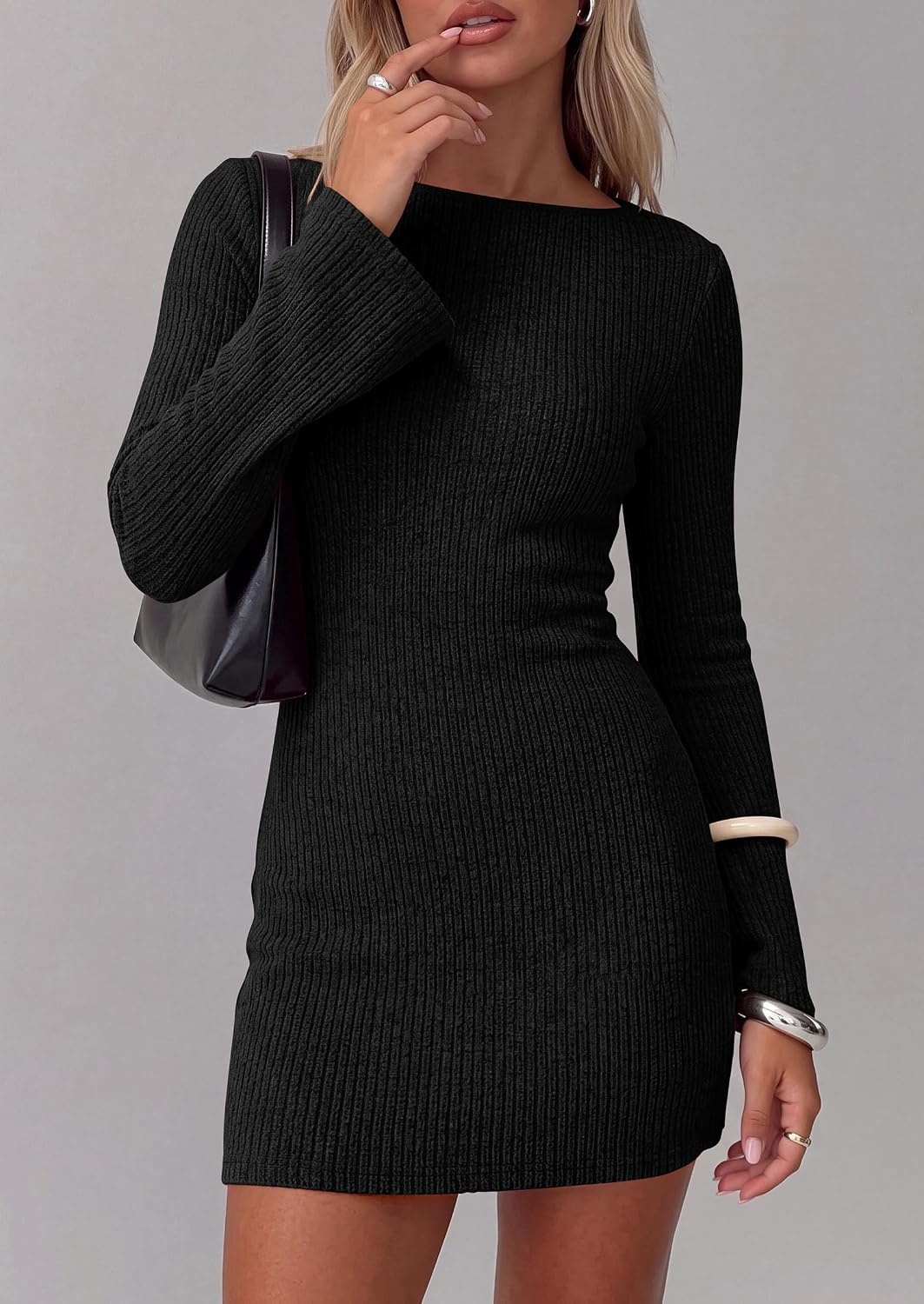 image:imagePRETTYGARDEN Womens Boat Neck Bell Long Sleeve Mini DressBlack