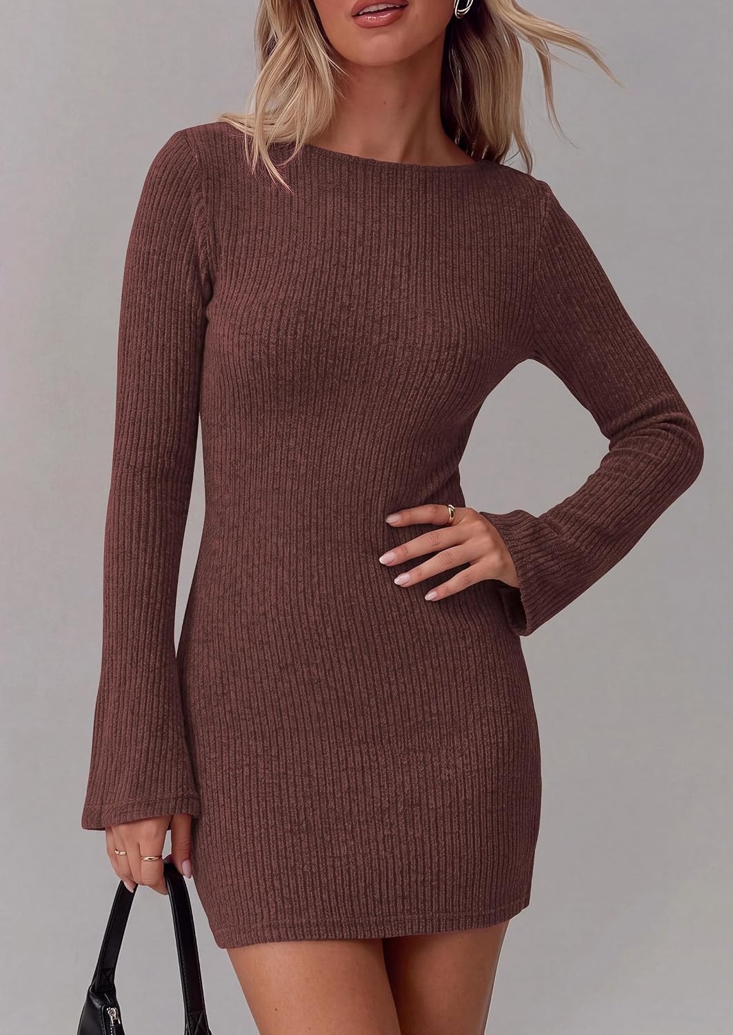 image:imagePRETTYGARDEN Womens Boat Neck Bell Long Sleeve Mini DressBrown