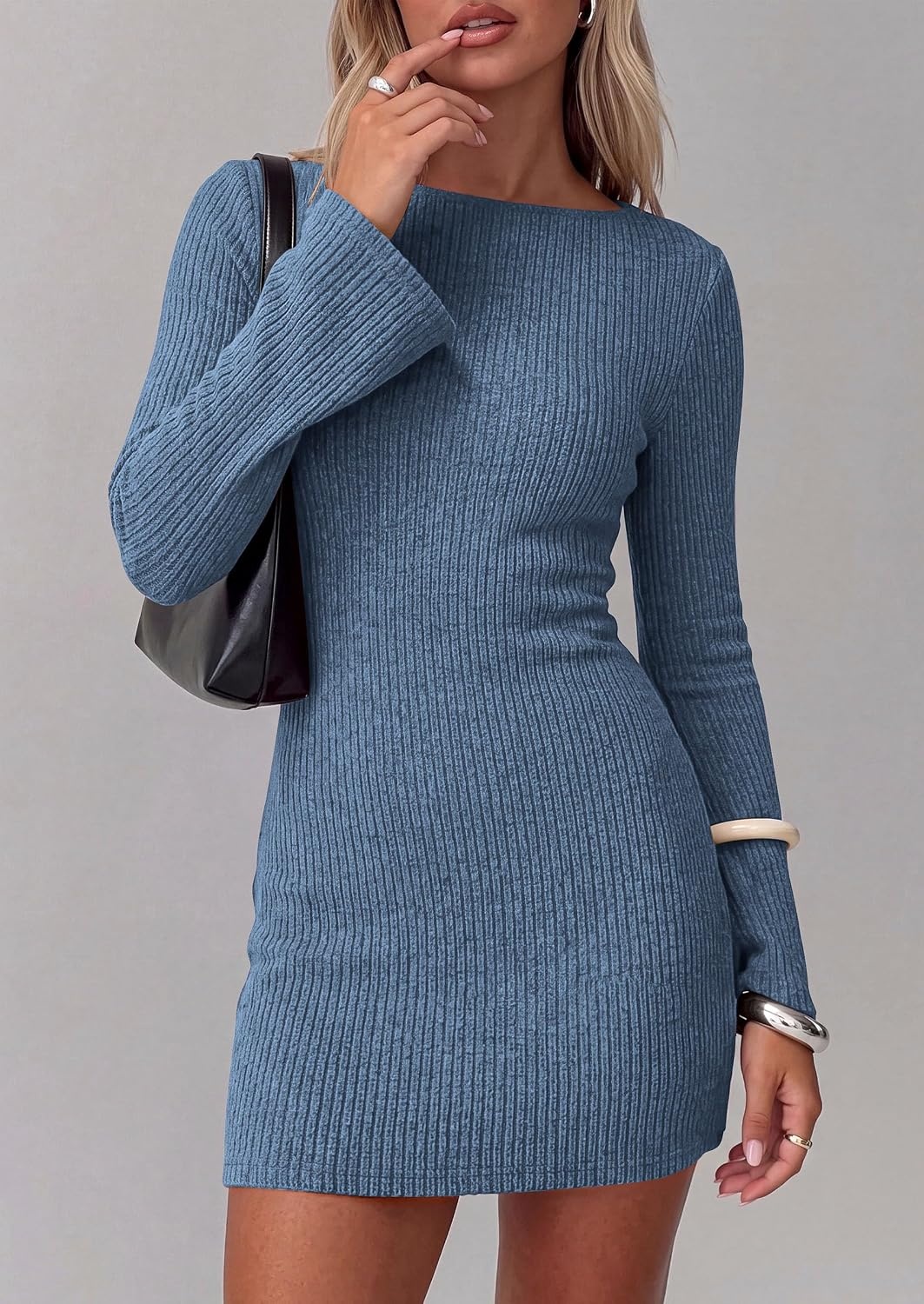 image:imagePRETTYGARDEN Womens Boat Neck Bell Long Sleeve Mini DressGrey Blue