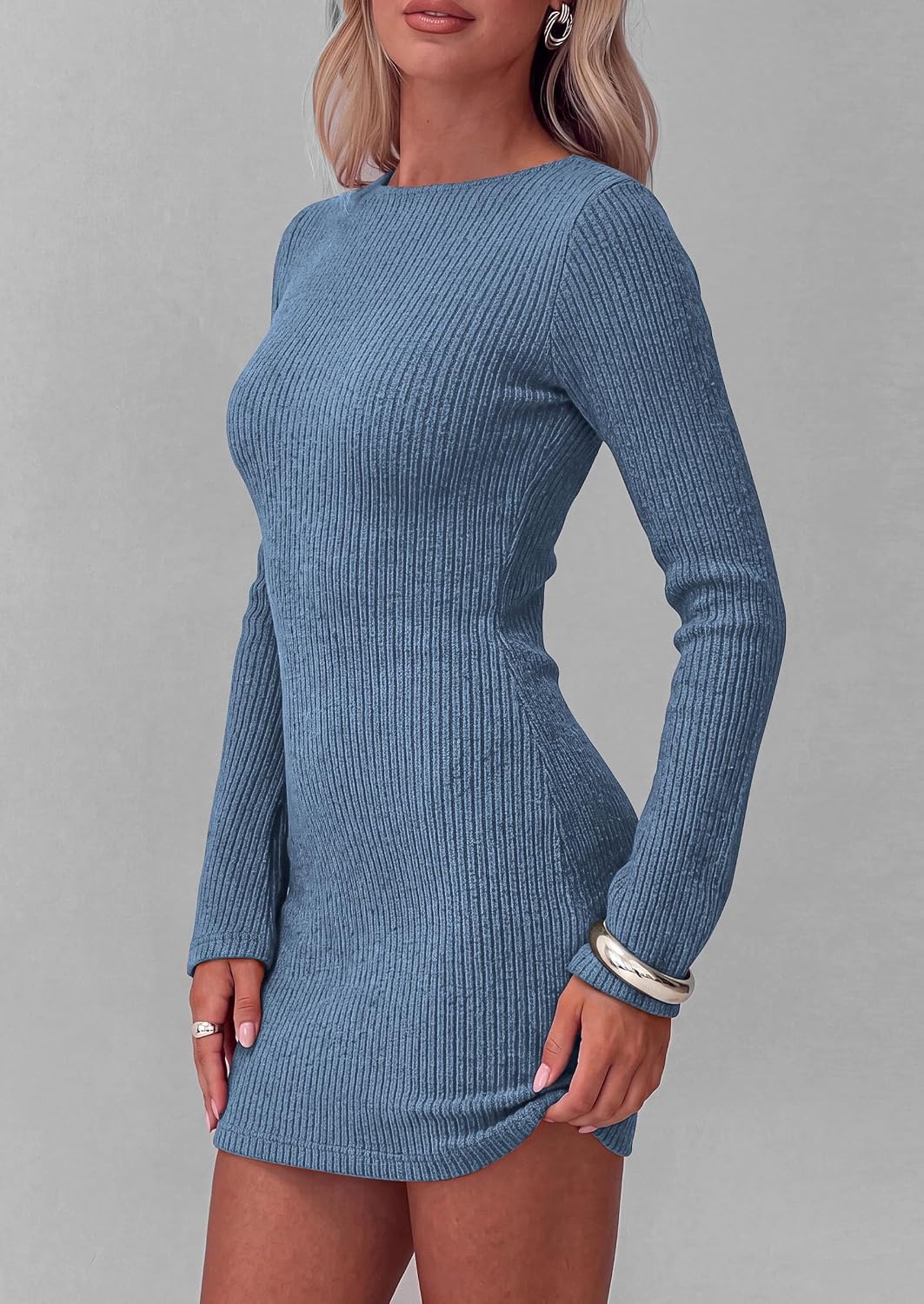 image:imagePRETTYGARDEN Womens Boat Neck Bell Long Sleeve Mini DressGrey Blue