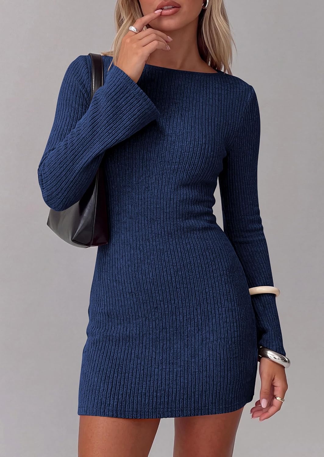 image:imagePRETTYGARDEN Womens Boat Neck Bell Long Sleeve Mini DressNavy