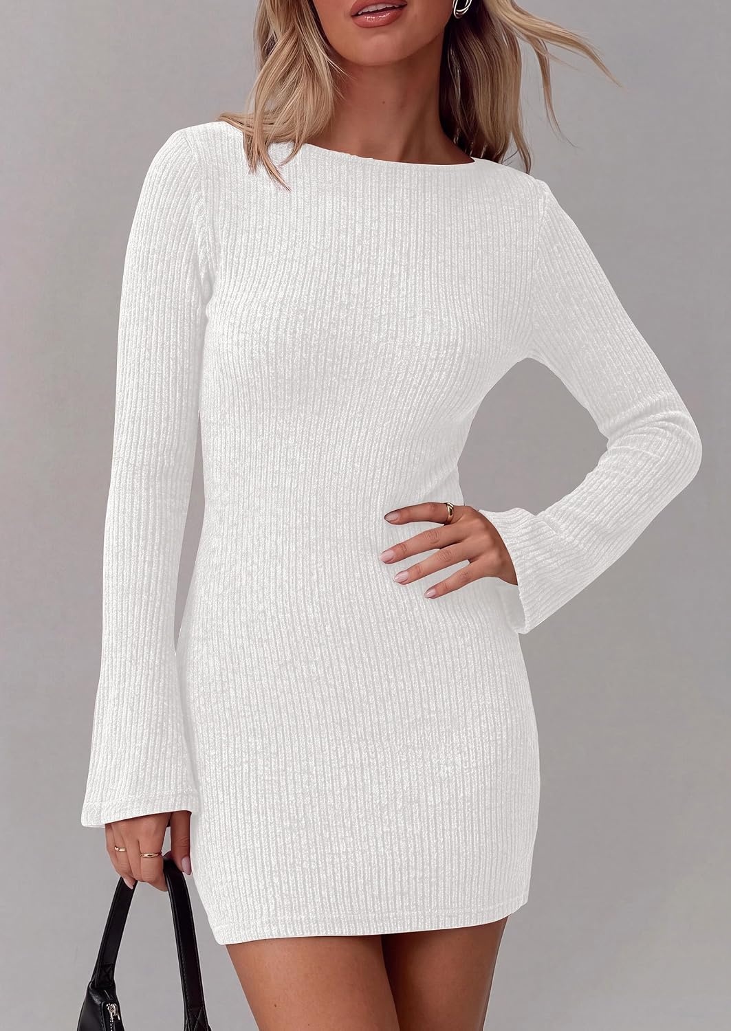 image:imagePRETTYGARDEN Womens Boat Neck Bell Long Sleeve Mini DressWhite