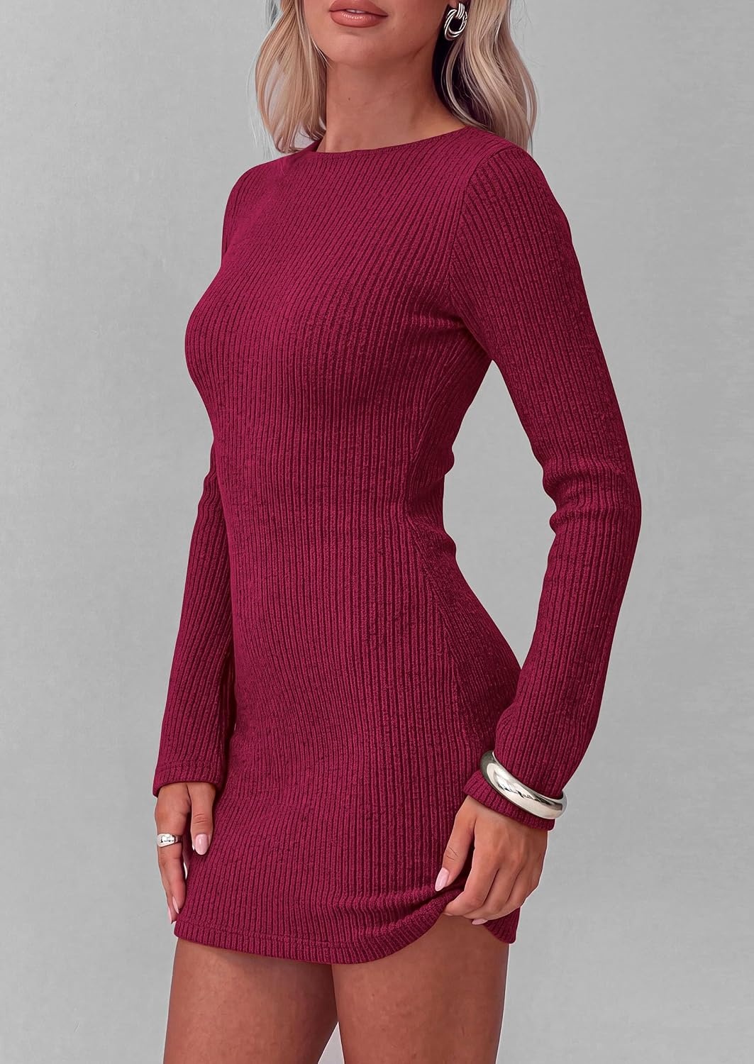 image:imagePRETTYGARDEN Womens Boat Neck Bell Long Sleeve Mini DressWine Red
