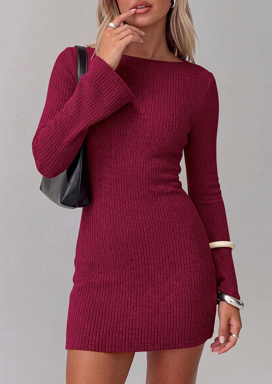 image:imagePRETTYGARDEN Womens Boat Neck Bell Long Sleeve Mini DressWine Red