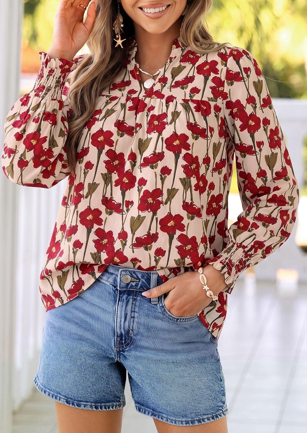 image:imagePRETTYGARDEN Womens Boho Floral Blouses Dressy CasualFloral Apricot Red