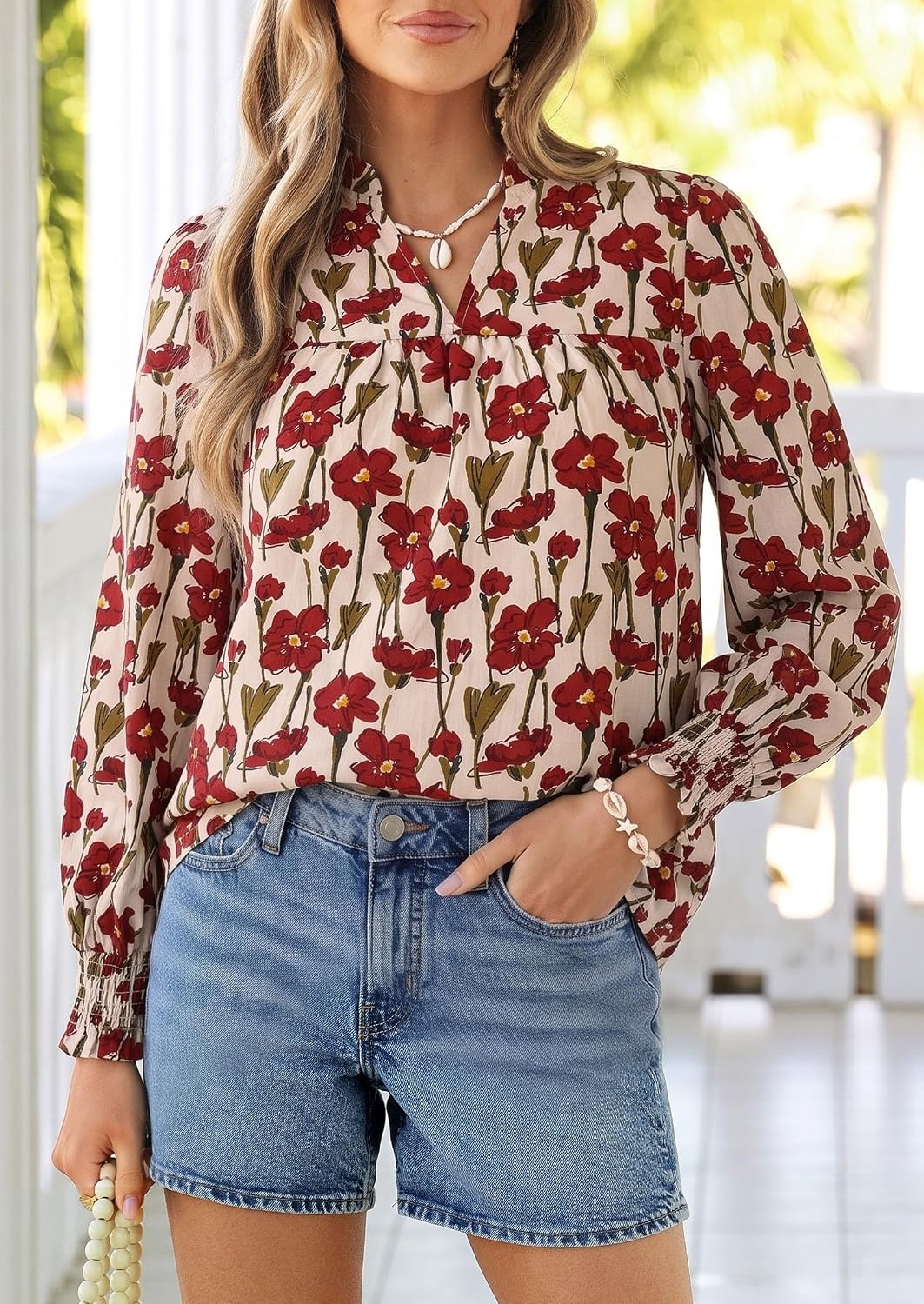 image:imagePRETTYGARDEN Womens Boho Floral Blouses Dressy CasualFloral Apricot Red