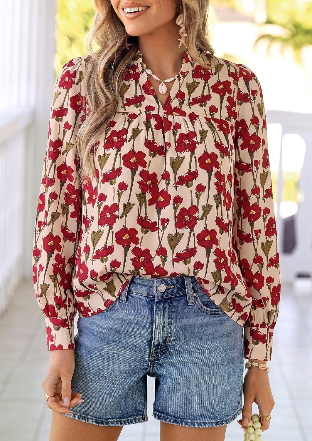 image:imagePRETTYGARDEN Womens Boho Floral Blouses Dressy CasualFloral Apricot Red