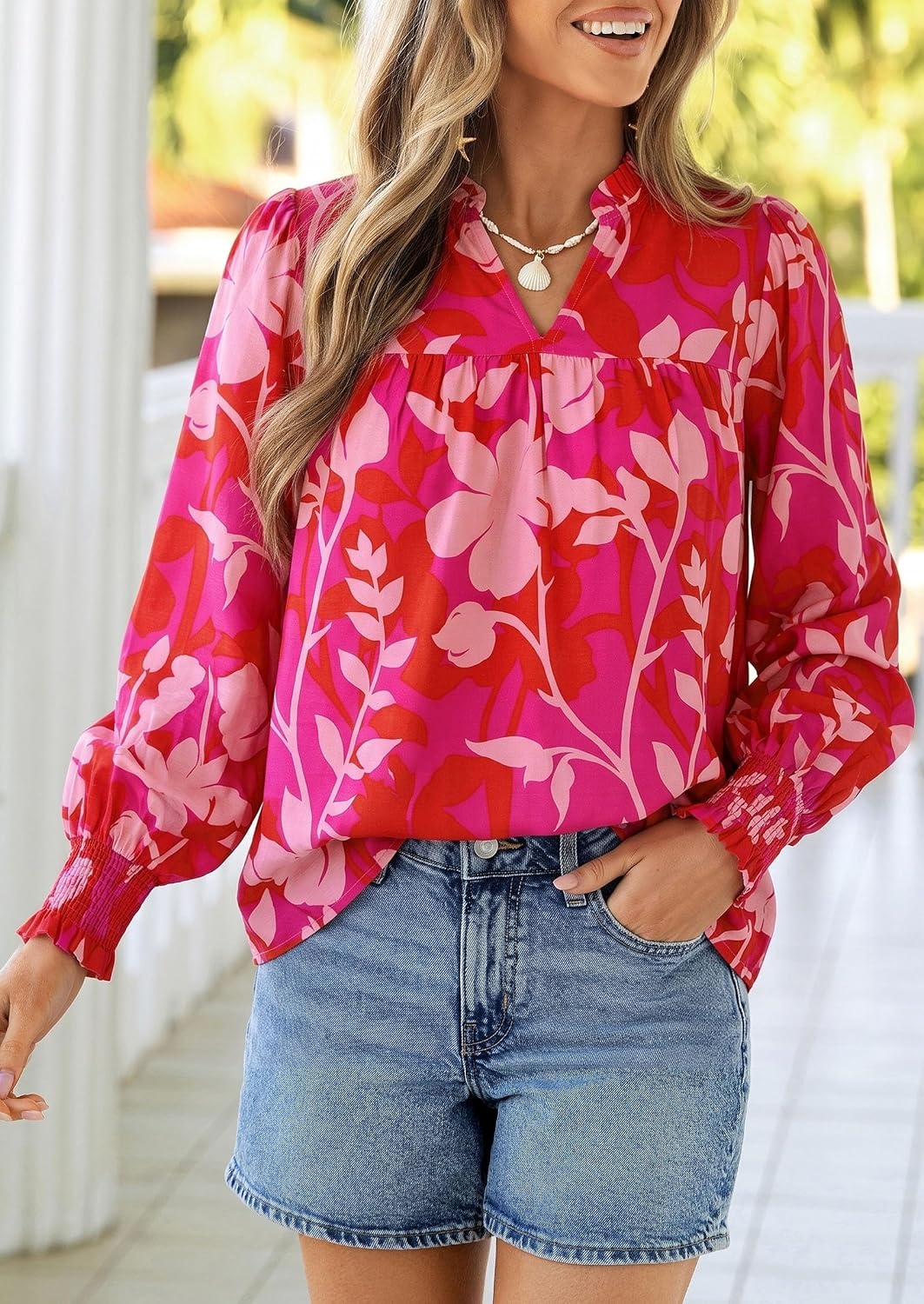 image:imagePRETTYGARDEN Womens Boho Floral Blouses Dressy CasualRose Red