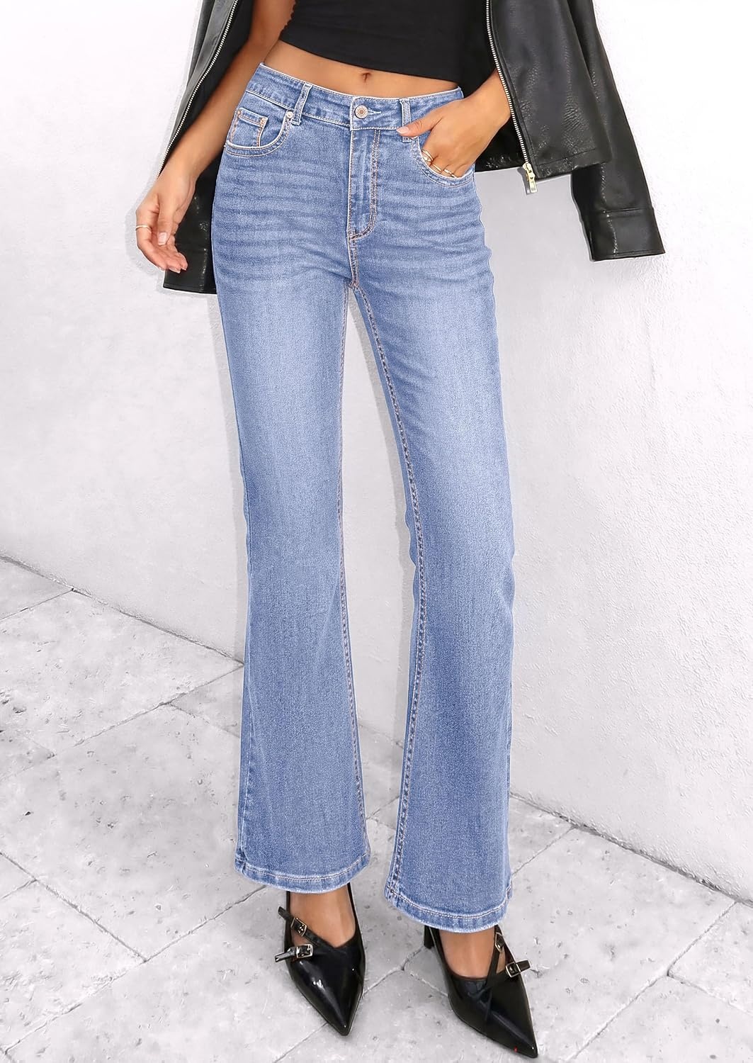 image:imagePRETTYGARDEN Womens Bootcut Denim Jeans Wide Leg PantsLight Blue
