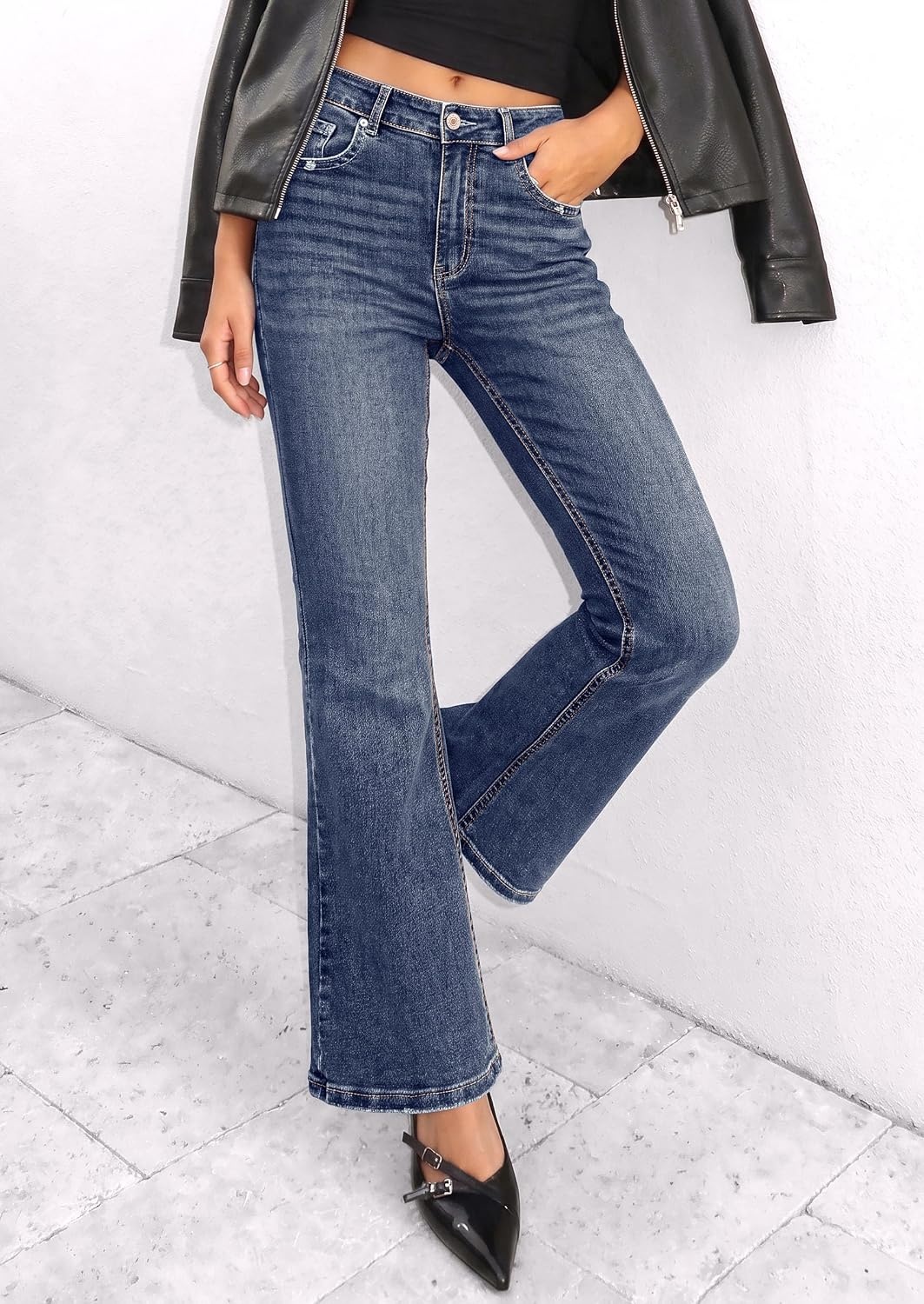 image:imagePRETTYGARDEN Womens Bootcut Denim Jeans Wide Leg PantsNavy Blue
