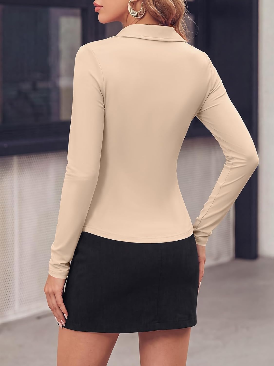 image:imagePRETTYGARDEN Womens Button Down Shirts V Neck Collared Ruched Slim Fit Long Sleeve Shirt Casual Fall Fashion Ladies TopsApricot