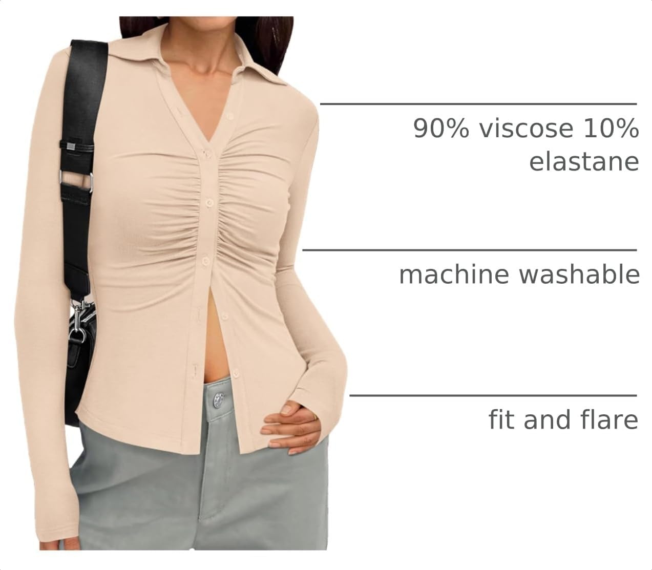 image:imagePRETTYGARDEN Womens Button Down Shirts V Neck Collared Ruched Slim Fit Long Sleeve Shirt Casual Fall Fashion Ladies TopsApricot