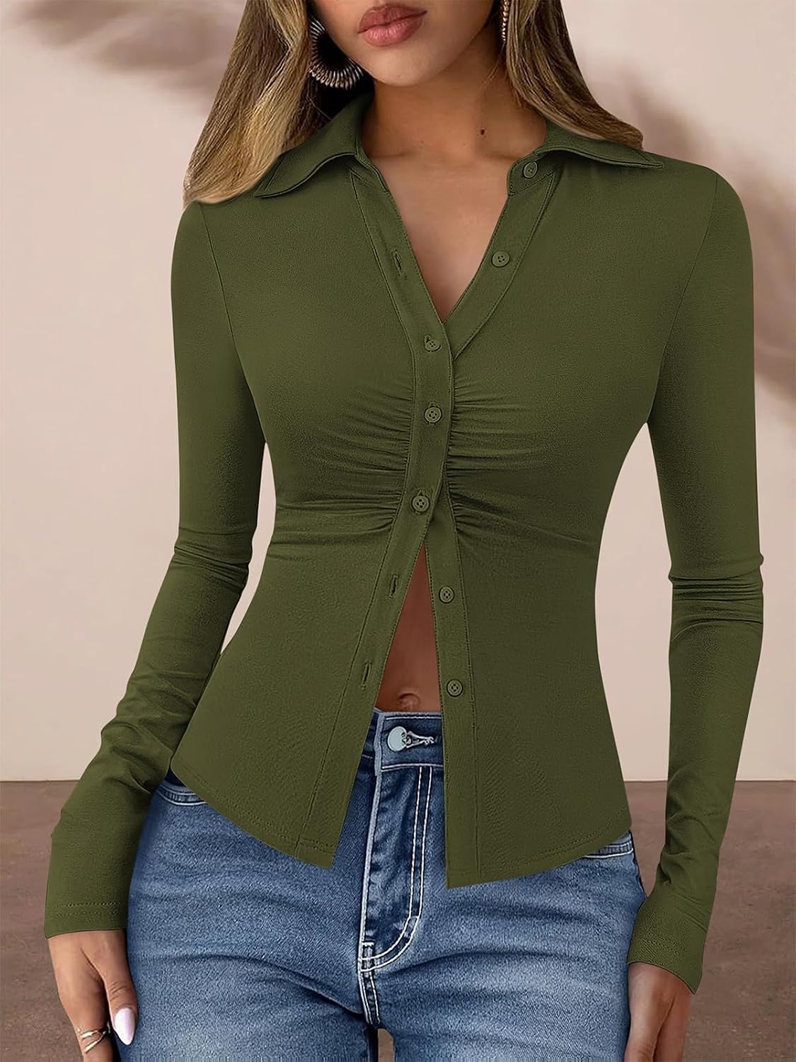 image:imagePRETTYGARDEN Womens Button Down Shirts V Neck Collared Ruched Slim Fit Long Sleeve Shirt Casual Fall Fashion Ladies TopsArmy Green