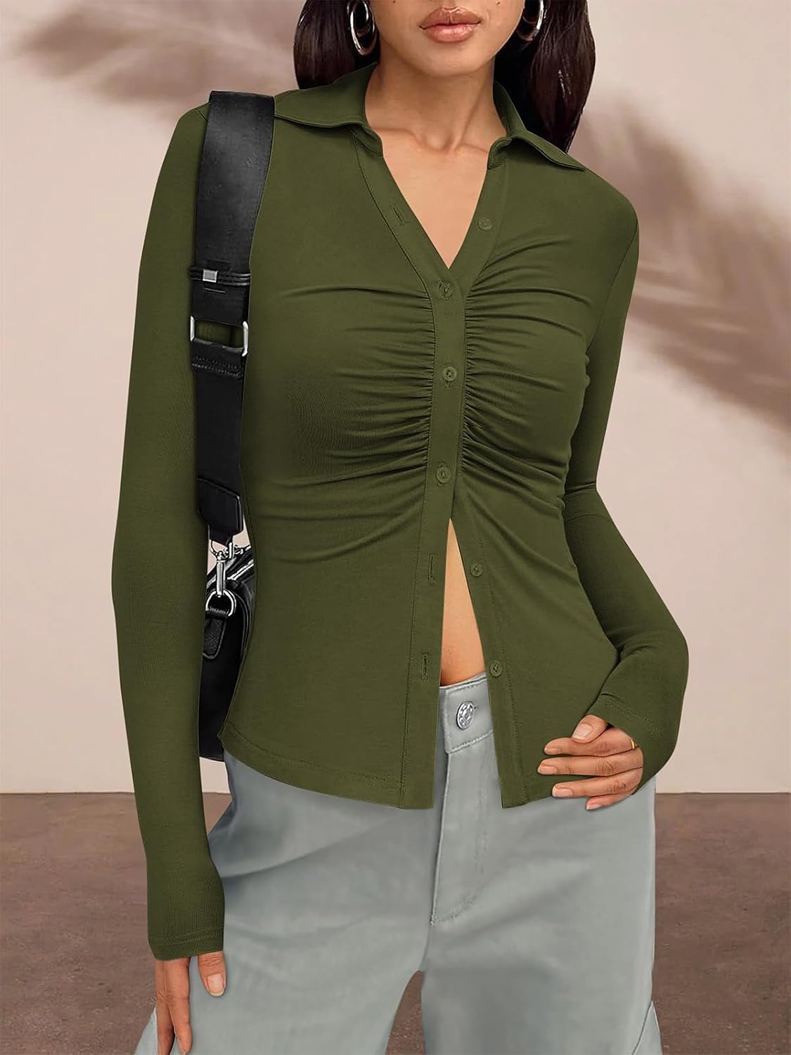image:imagePRETTYGARDEN Womens Button Down Shirts V Neck Collared Ruched Slim Fit Long Sleeve Shirt Casual Fall Fashion Ladies TopsArmy Green