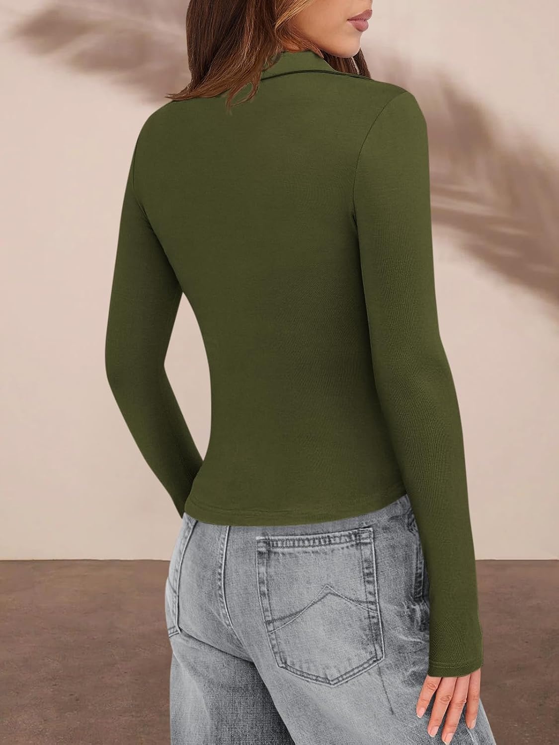 image:imagePRETTYGARDEN Womens Button Down Shirts V Neck Collared Ruched Slim Fit Long Sleeve Shirt Casual Fall Fashion Ladies TopsArmy Green