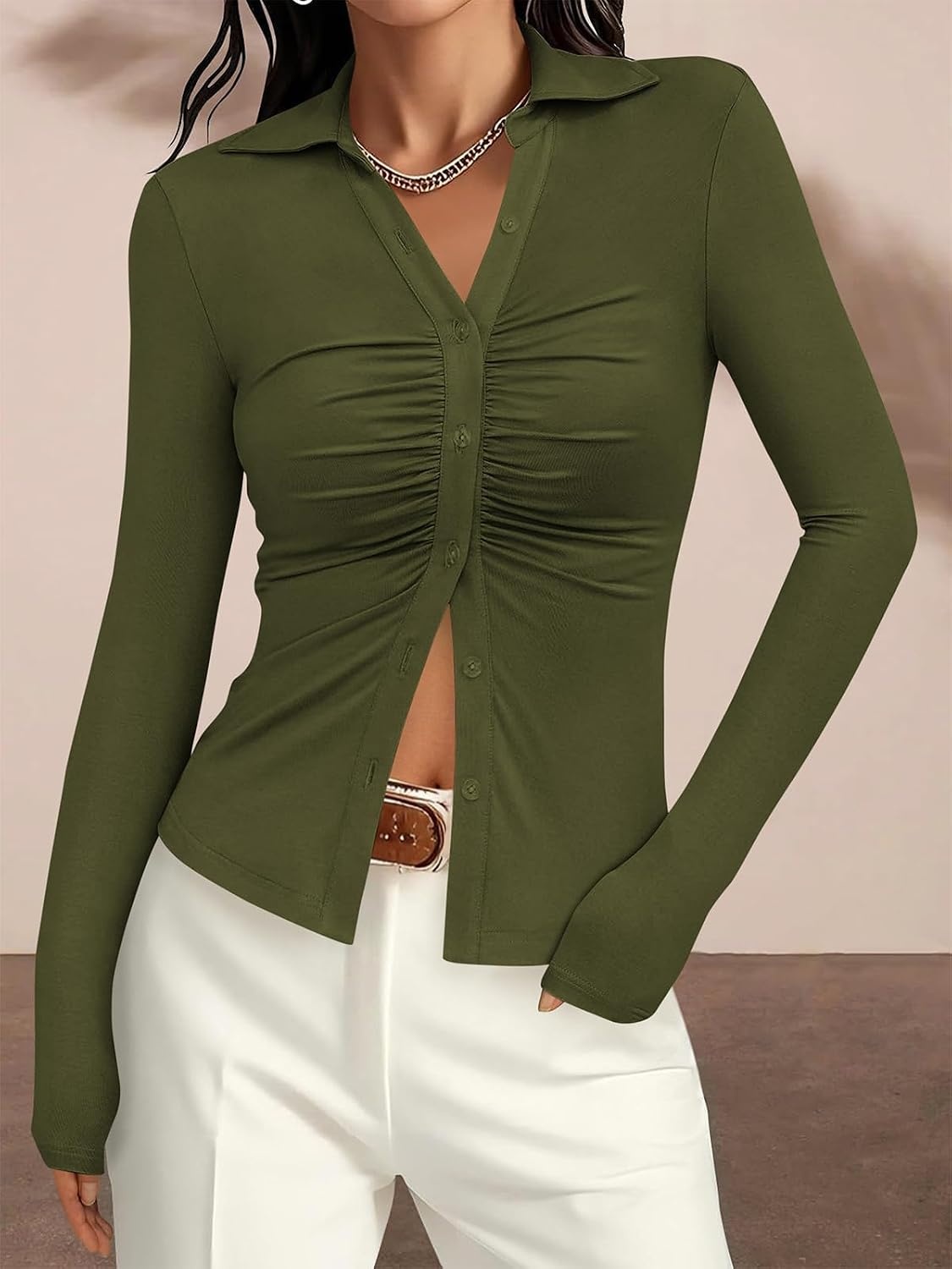 image:imagePRETTYGARDEN Womens Button Down Shirts V Neck Collared Ruched Slim Fit Long Sleeve Shirt Casual Fall Fashion Ladies TopsArmy Green